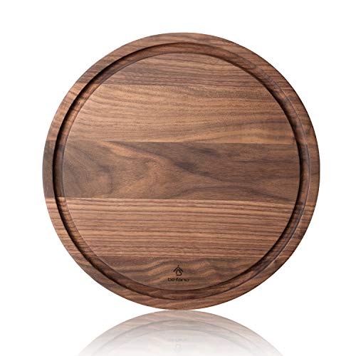 Befano Circle Black Walnut Wood Cutting Board for Kitchen with Deep Juice Groove,as Charcuterie Board, Serving Tray,Chopping Board for Meat,Vegetables,Bread,Gift Box Included(10.5x0.75 Inches)