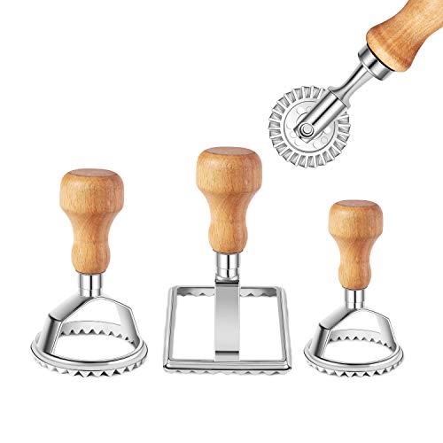 Ravioli Stamp Maker Cutter with Roller Wheel Set, Mold with Wooden Handle and Fluted Edge, Pasta Press Kitchen Attachment (3 Set and Cutter)