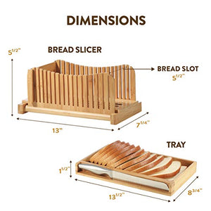 Bambusi Bread Slicer Cutting Guide with Knife - Organic Bamboo Bread Cutter for Homemade Bread, Loaf Cakes, Bagels - Foldable and Compact with Crumbs Tray and Knife