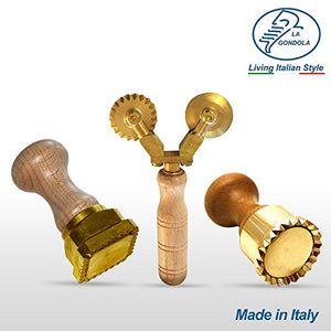 LaGondola Bundle : 1 Square Ravioli Stamp 45x45, 1 Round Professional Tortelli Stamp 50 mm and 1 Double Combined Pasta Cutter Festooned in Brass and Natural Wood