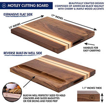 Load image into Gallery viewer, Large Multipurpose American Walnut Wood Cutting Board with Cherry/Maple Accents: 17x13x1.1in Reversible Charcuterie Board with Cracker Holder (Gift Box Included) by Sonder Los Angeles