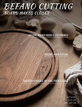 Load image into Gallery viewer, Befano Circle Black Walnut Wood Cutting Board for Kitchen with Deep Juice Groove,as Charcuterie Board, Serving Tray,Chopping Board for Meat,Vegetables,Bread,Gift Box Included(10.5x0.75 Inches)