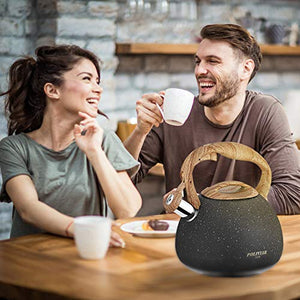 Poliviar Tea Kettle, 2.7 Quart Natural Stone Finish with Wood Pattern Handle Loud Whistle Anti-Rust,  for All Heat Sources (JX2018-GR20)