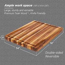 Load image into Gallery viewer, Large Reversible Teak Wood Cutting Board [18x14x1.25 Inch] | Carving Board with Juice Groove | Edge Grain Chopping Block with Hand Grips - Premium Edition