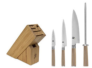 Shun Classic Blonde 5 Piece Starter Knife Block Set; Chef’s, Utility, and Paring Knives with Honing Steel and Block; PakkaWood Handles, VG-MAX Blades , Large