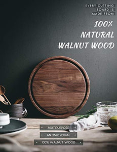 Befano Circle Black Walnut Wood Cutting Board for Kitchen with Deep Juice Groove,as Charcuterie Board, Serving Tray,Chopping Board for Meat,Vegetables,Bread,Gift Box Included(10.5x0.75 Inches)