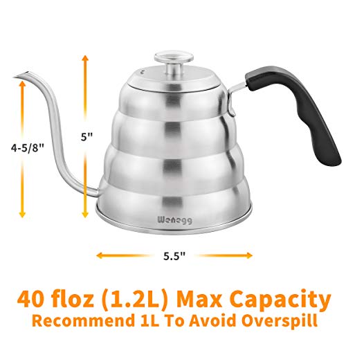WENEGG Pour Over Coffee Kettle with Thermometer for Exact Temperature 40 fl oz - Premium Stainless Steel Gooseneck Tea Kettle for Drip Coffee, French