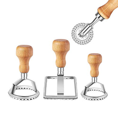 Ravioli Stamp Maker Cutter with Roller Wheel Set, Mold with Wooden Handle and Fluted Edge, Pasta Press Kitchen Attachment (3 Set and Cutter)