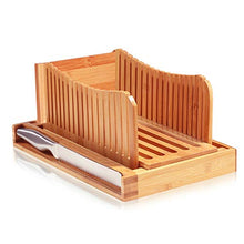 Load image into Gallery viewer, Bambusi Bread Slicer Cutting Guide with Knife - Organic Bamboo Bread Cutter for Homemade Bread, Loaf Cakes, Bagels - Foldable and Compact with Crumbs Tray and Knife