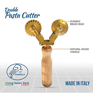 LaGondola Bundle : 1 Square Ravioli Stamp 45x45, 1 Round Professional Tortelli Stamp 50 mm and 1 Double Combined Pasta Cutter Festooned in Brass and Natural Wood