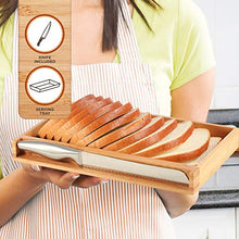 Load image into Gallery viewer, Bambusi Bread Slicer Cutting Guide with Knife - Organic Bamboo Bread Cutter for Homemade Bread, Loaf Cakes, Bagels - Foldable and Compact with Crumbs Tray and Knife