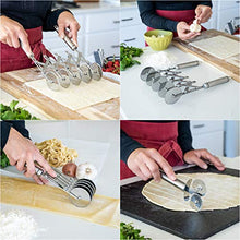 Load image into Gallery viewer, Oleex ‘All-Dough’ Pastry Cutter Set. 5 Wheel Dough Cutter and Dual Fluted Ravioli Cutter Wheel/Pizza Cutter Wheel! Versatile Brownie Cutter, Pasta Maker, Noodle Cutter, Stainless Steel Pizza Slicer