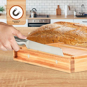 Bambusi Bread Slicer Cutting Guide with Knife - Organic Bamboo Bread Cutter for Homemade Bread, Loaf Cakes, Bagels - Foldable and Compact with Crumbs Tray and Knife