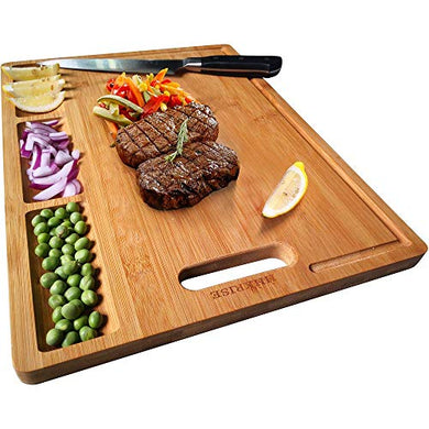 Large Organic Bamboo Cutting Board For Kitchen, With 3 Built-In Compartments And Juice Grooves, Heavy Duty Chopping Board For Meats Bread Fruits, Butcher Block, Carving Board, BPA Free